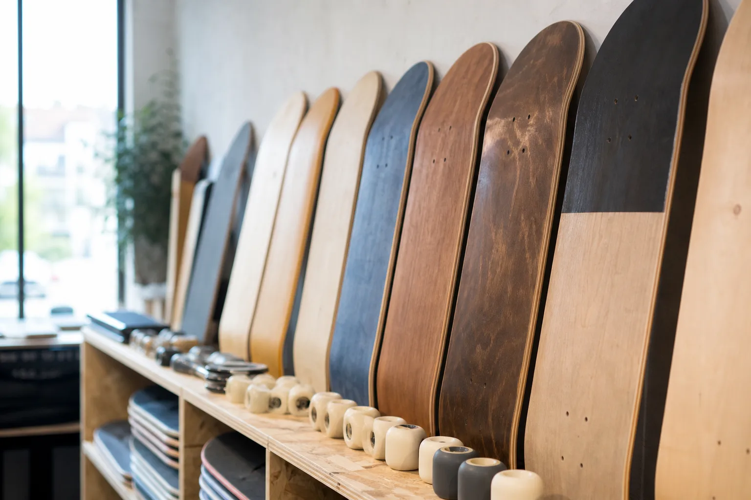 Skateboarddeck och lösa hjul uppradade på en hylla