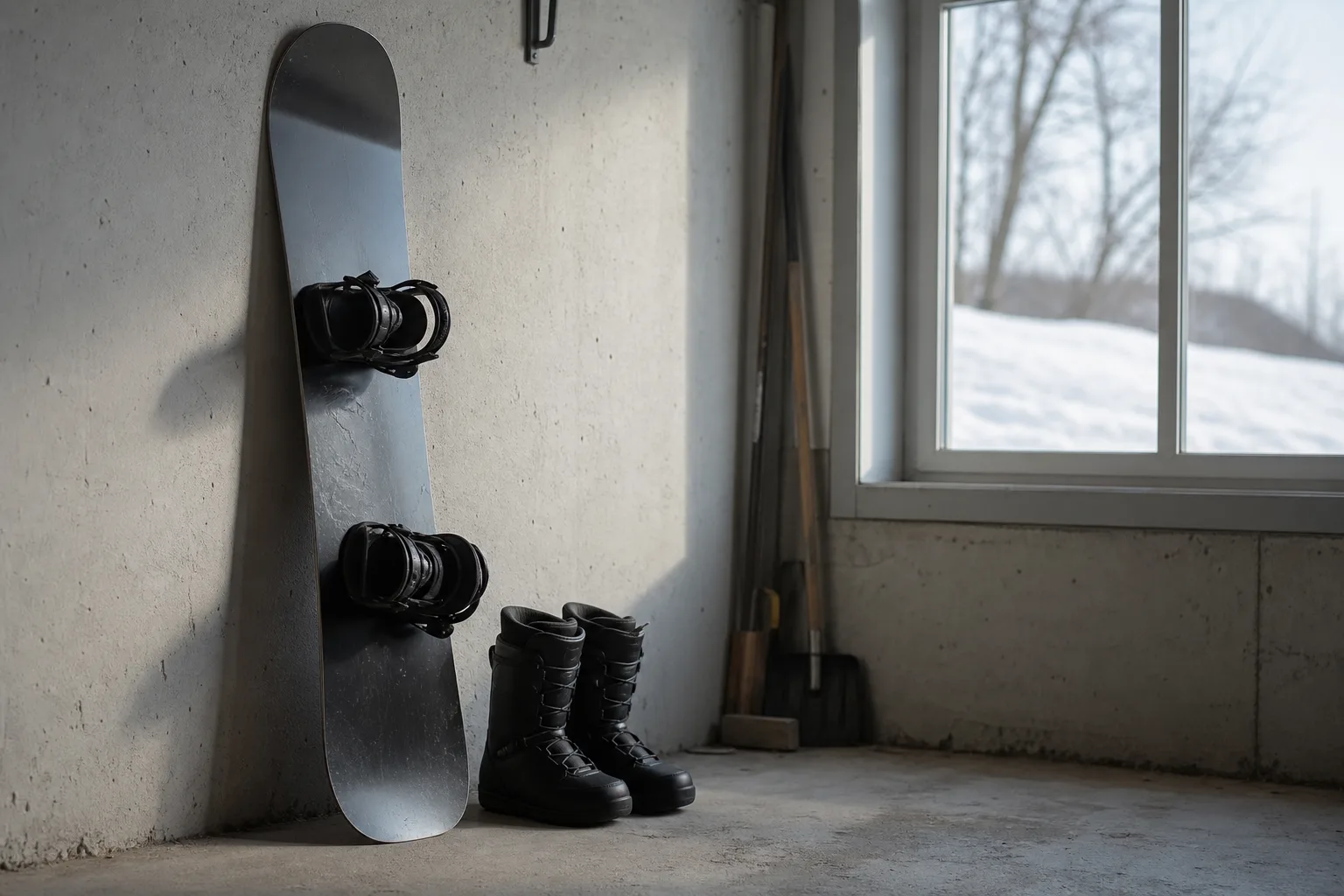 Snowboard som lutar mot en garagevägg bredvid ett par pjäxor