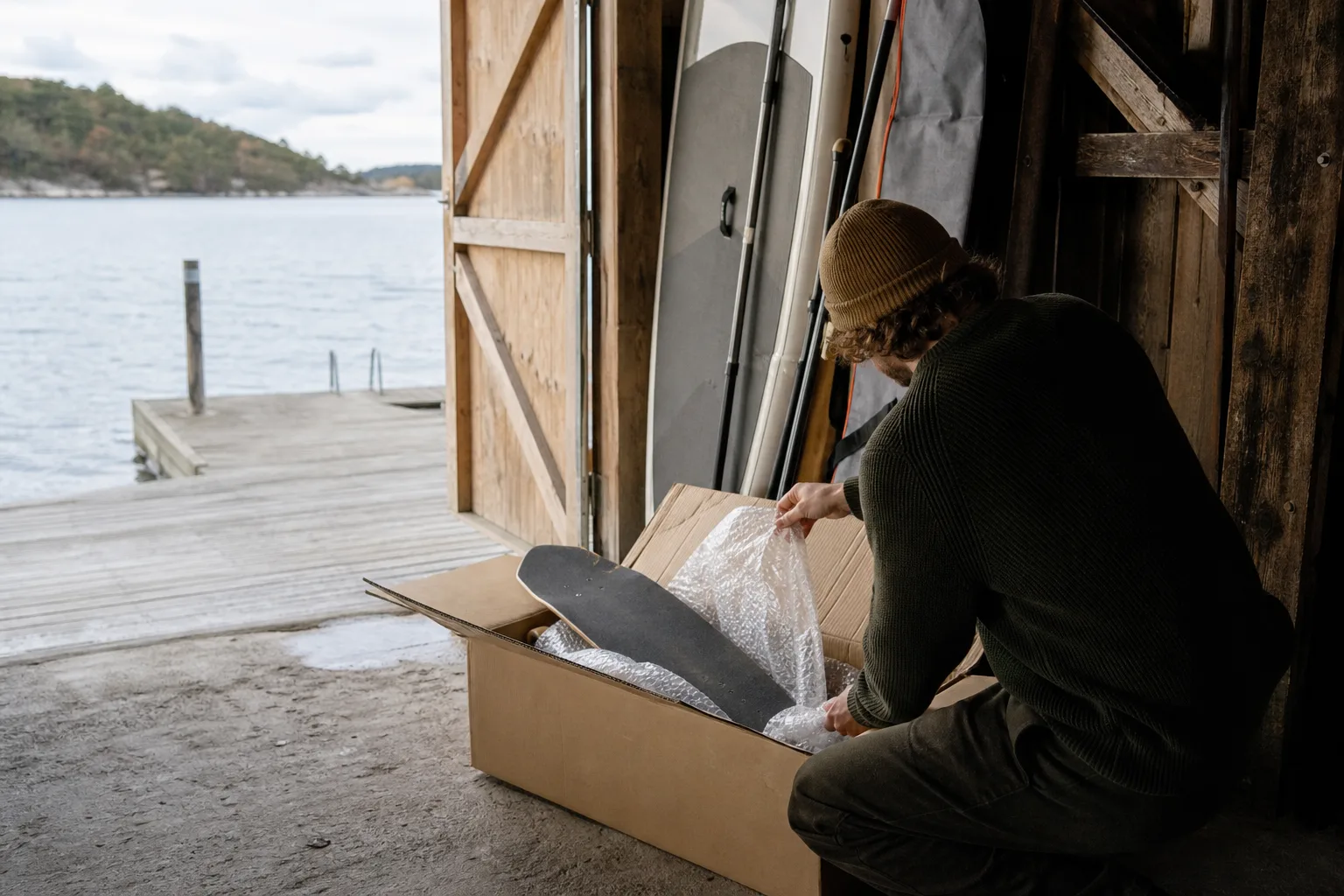Öppen kartong med brädsportutrustning som packas upp nära en brygga
