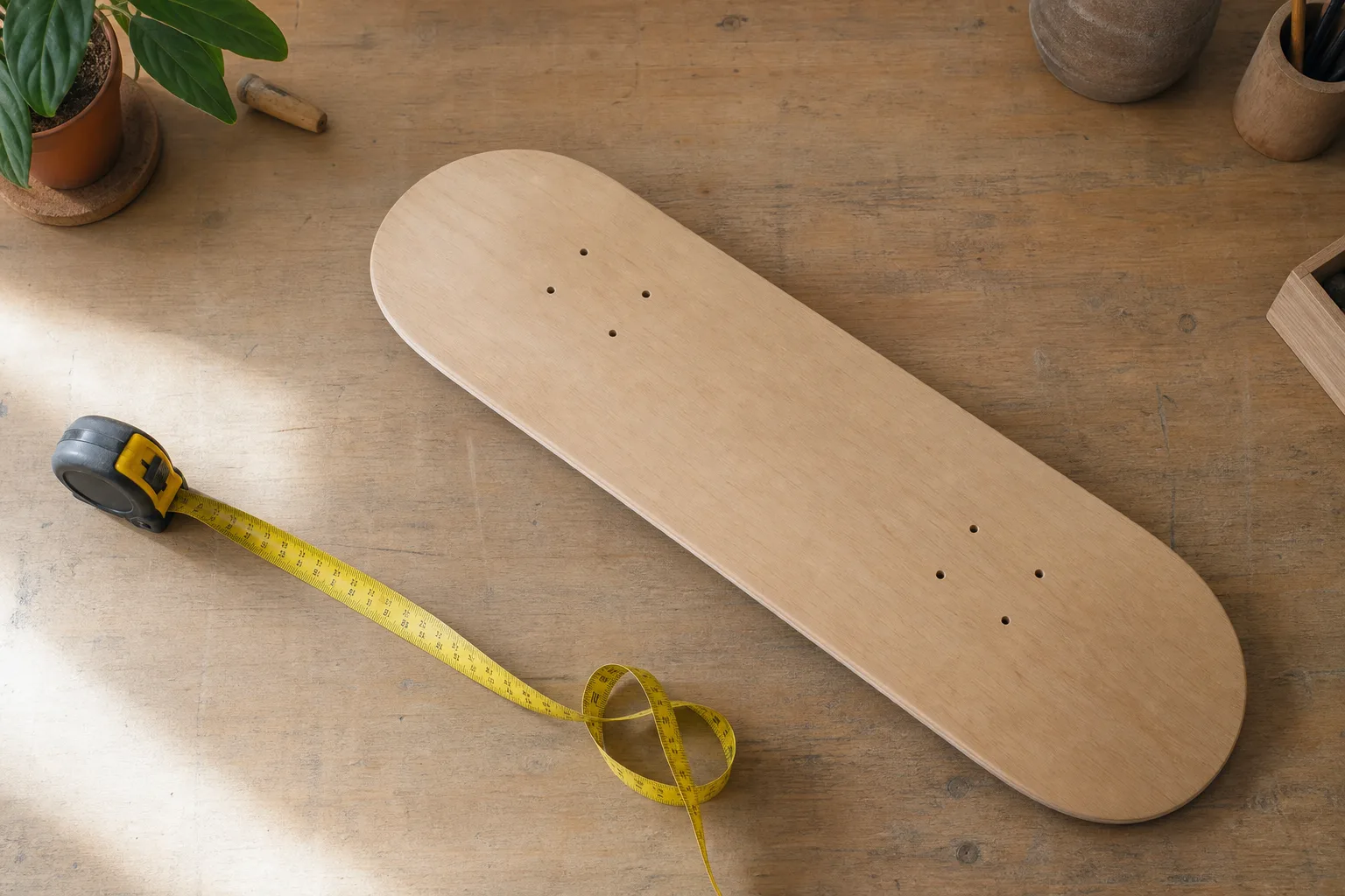 Måttband utrullat bredvid ett skateboarddeck på ett skrivbord