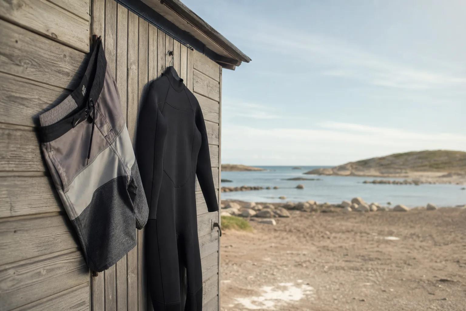 Boardshorts och våtdräkt upphängda vid en strandomklädningshytt