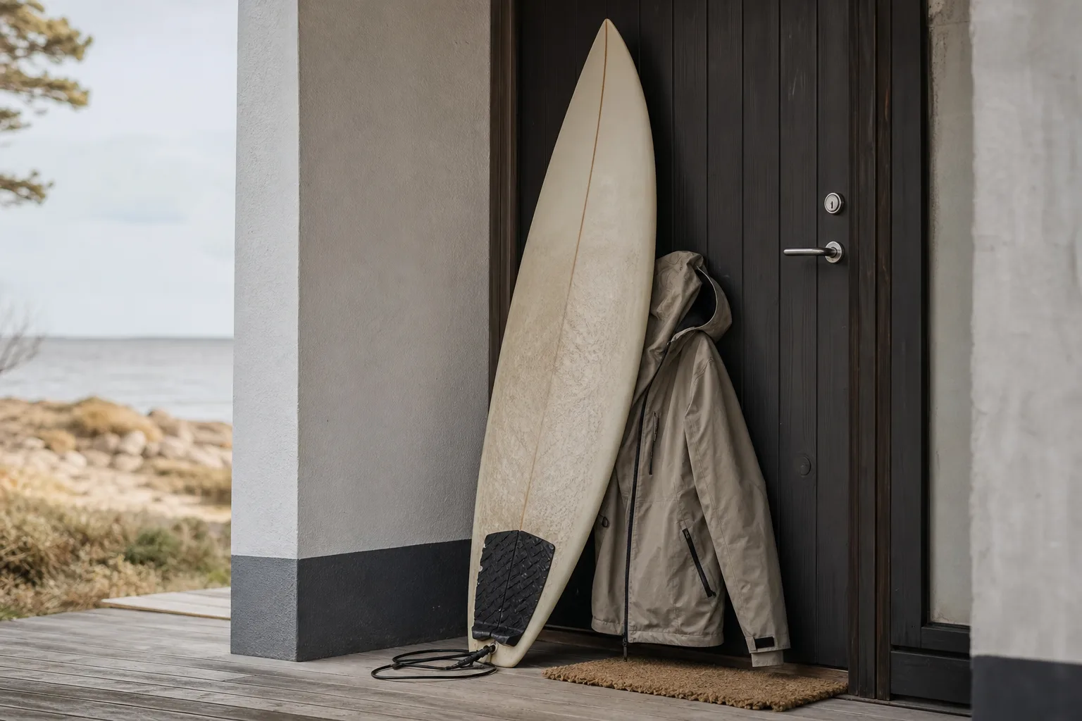 Surfbräda och skaljacka lutade mot varandra