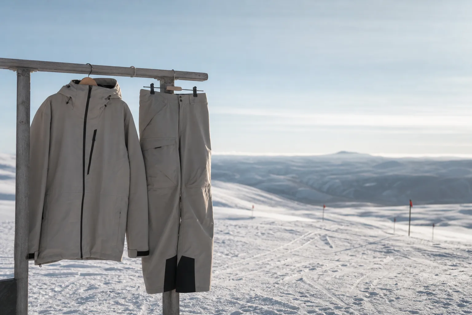 Skaljacka och skalbyxor upphängda vid en snöig pist