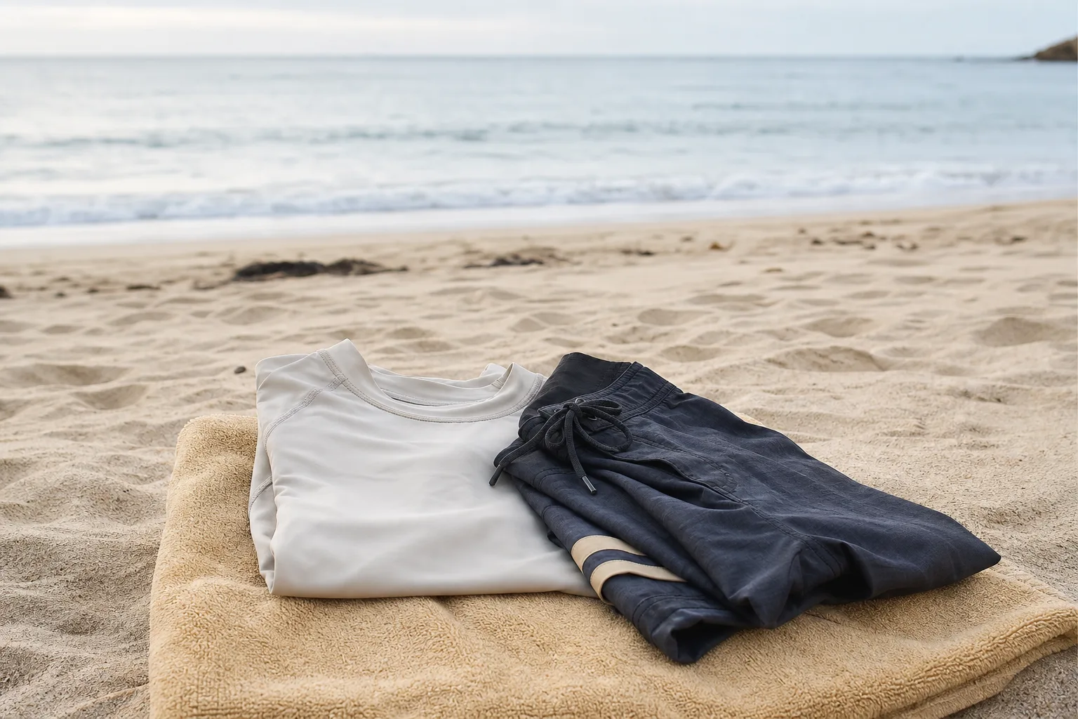 Rashguard, boardshorts och handduk vikta på en strand