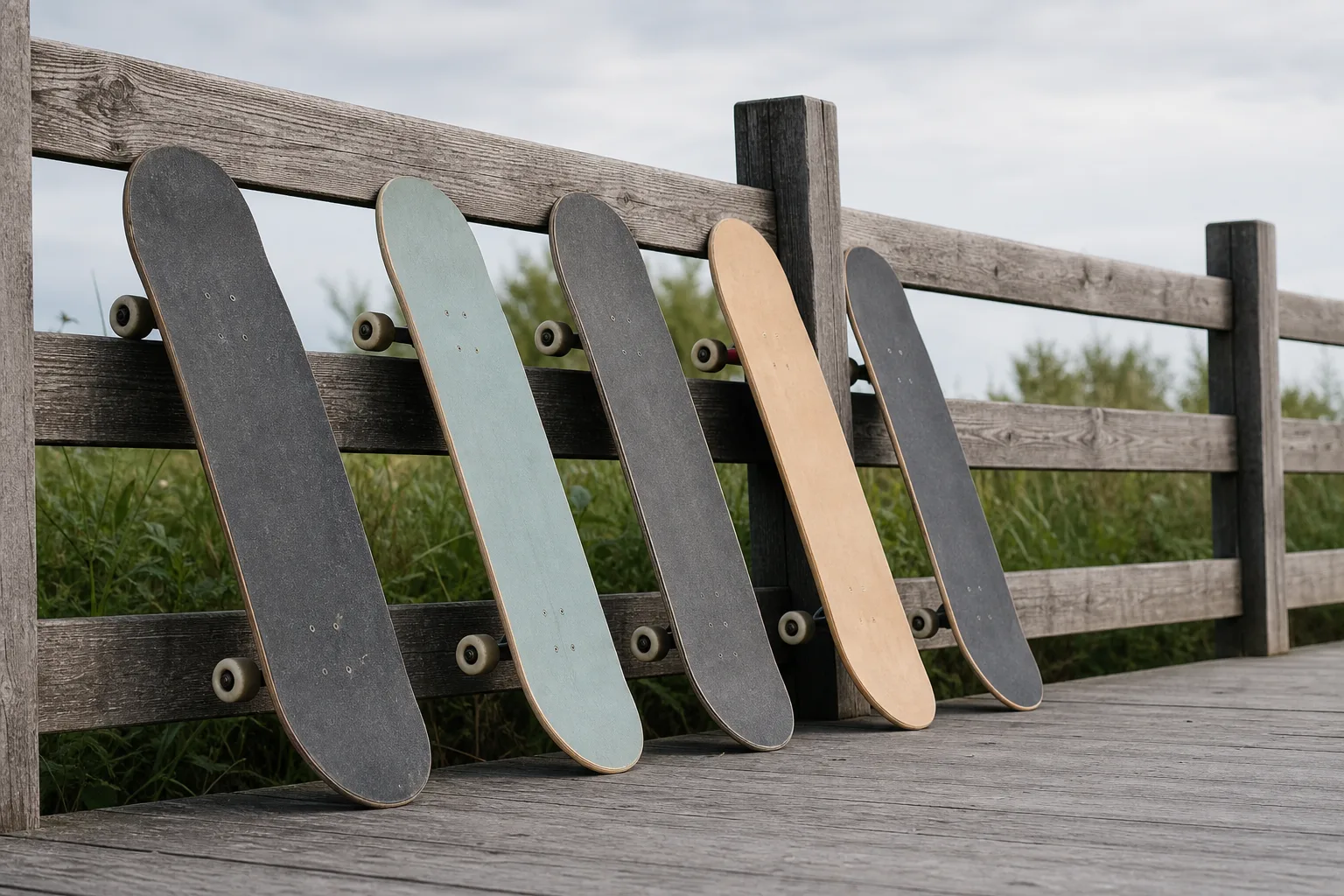 Flera kompletta skateboards uppradade utomhus