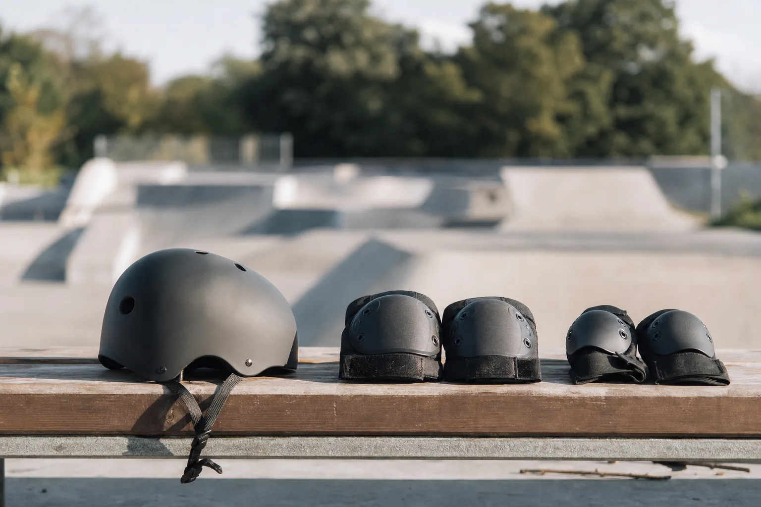 Hjälm och knäskydd uppradade vid en skatepark