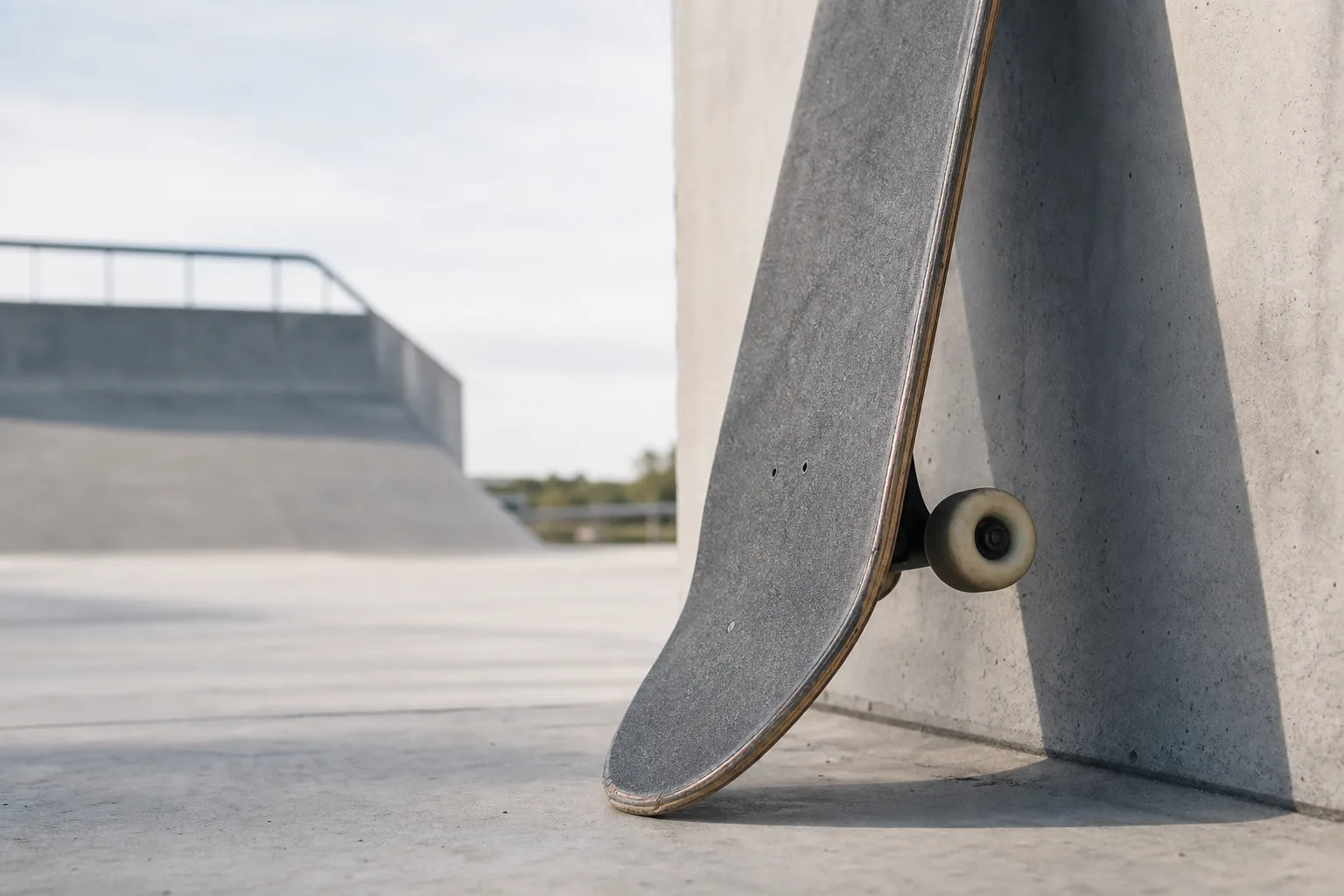 Skateboarddeck som lutar mot en vägg i en skatepark
