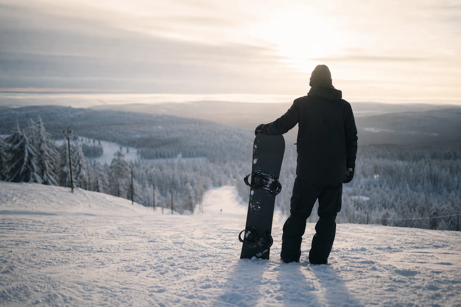 Åkare som vilar med snowboarden nedstucken i snön i en skidbacke