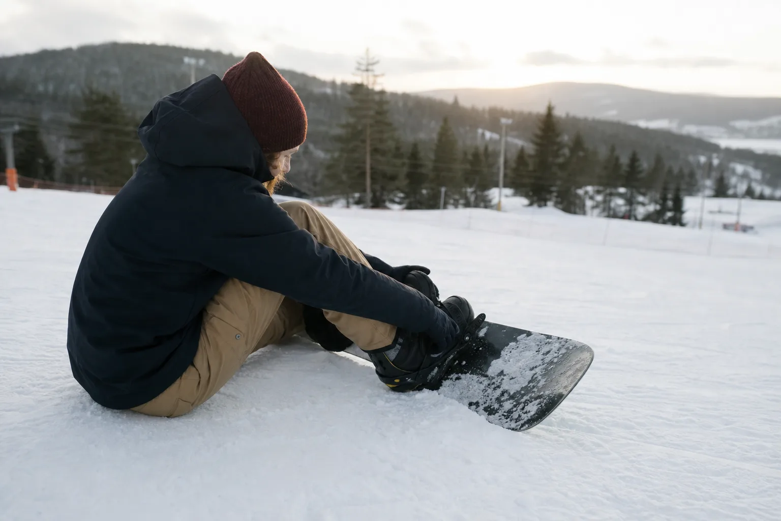 Person som spänner fast bindningarna på en snowboard i en flack backe