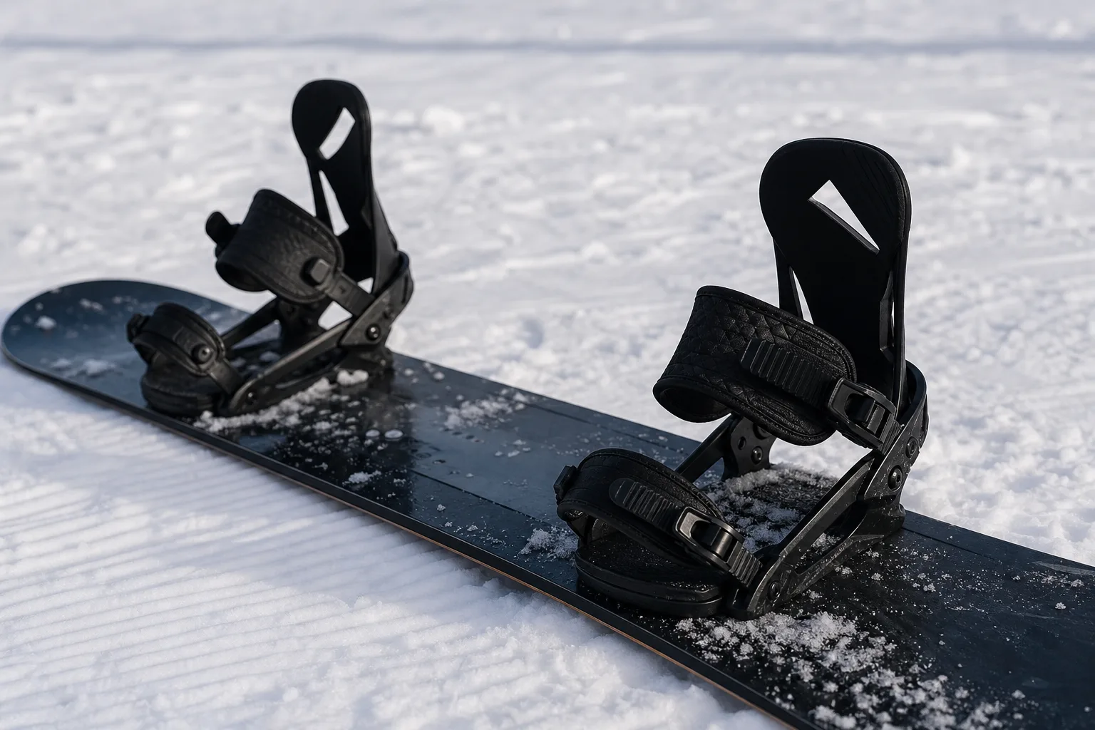 Snowboardbindningar monterade på en bräda i snön