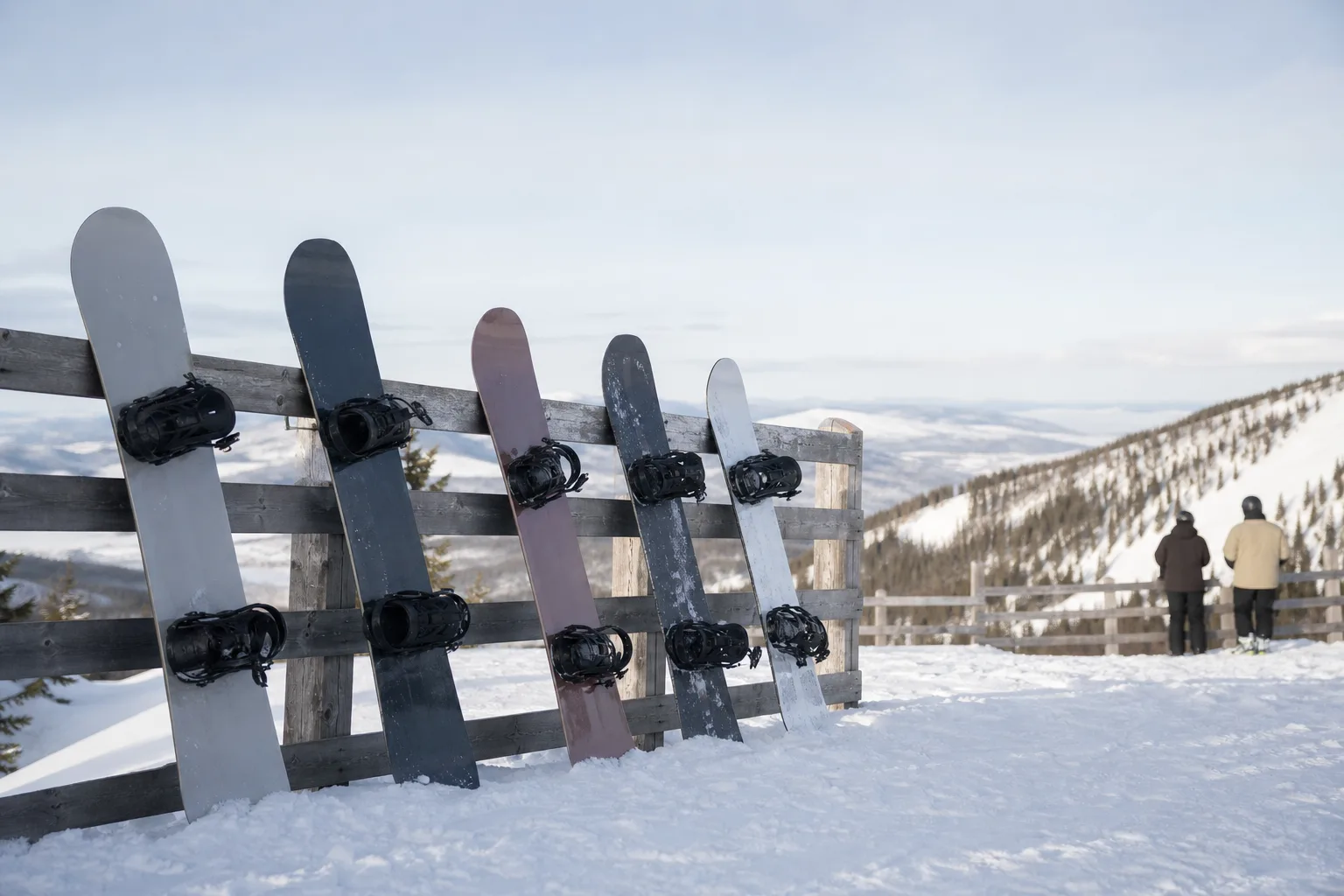 Flera snowboards lutade mot ett staket vid en skidbacke