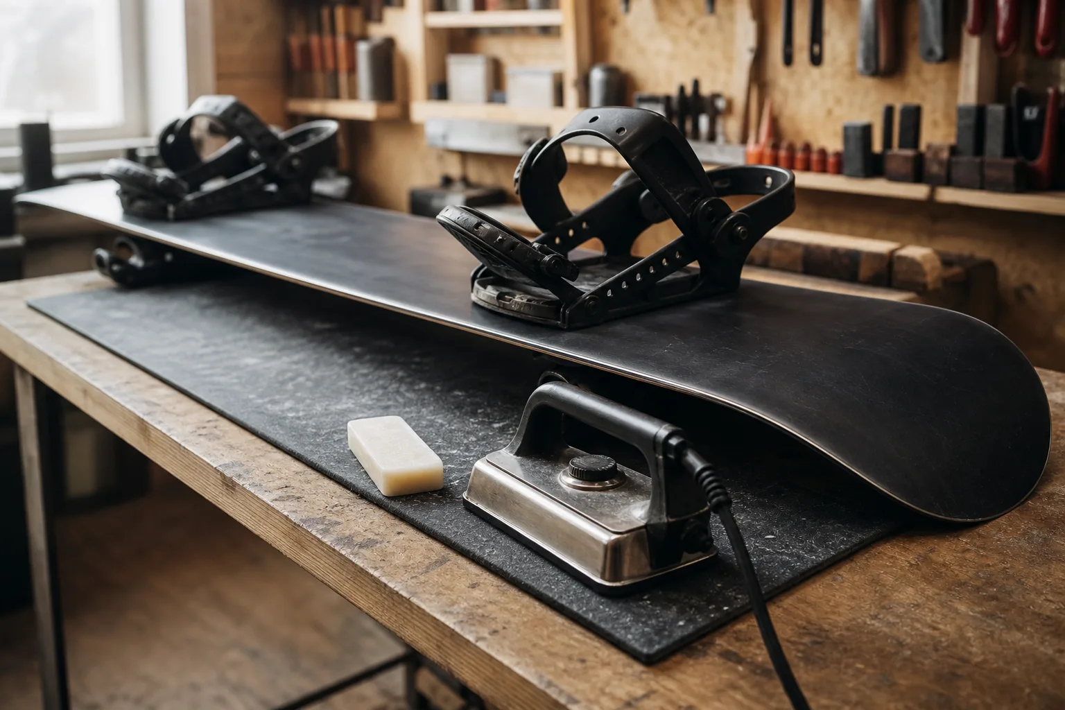 Snowboard upp och ner med strykjärn och vaxkloss bredvid