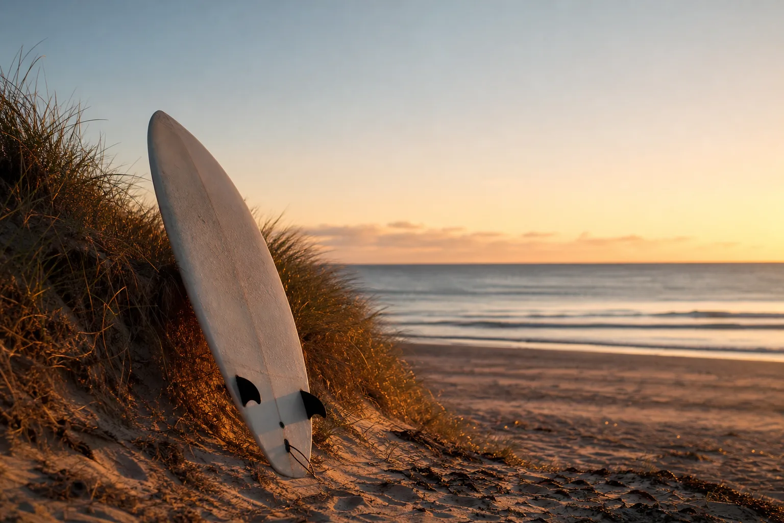 Surfbräda som lutar mot en sanddyna vid en nordisk strand