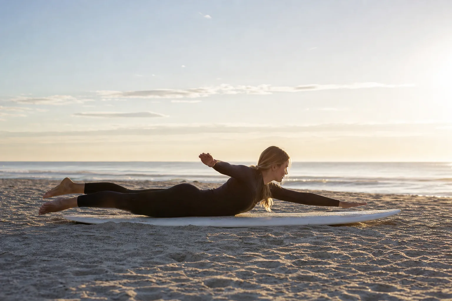 Person som tränar paddelrörelsen liggande på en surfbräda på stranden