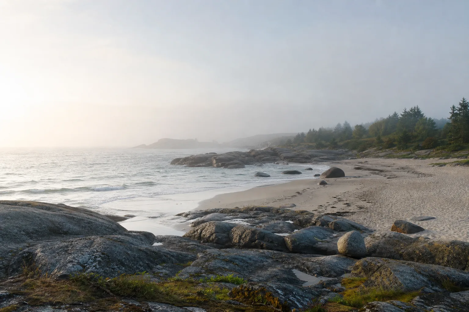 Nordisk kuststräcka med strand och klippor i disigt morgonljus