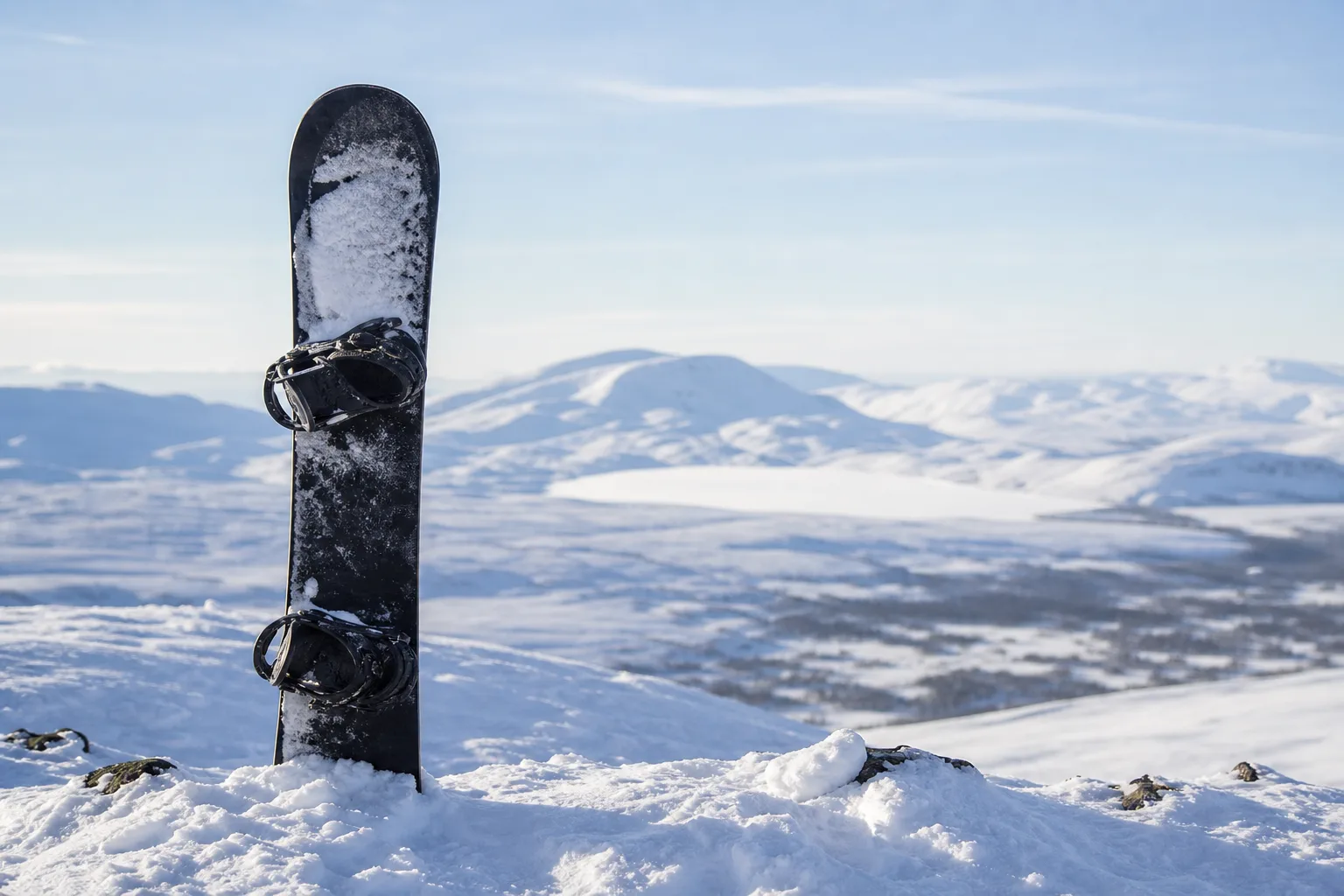 Snowboard nedstucken i snö vid en fjällkant i klart vinterljus