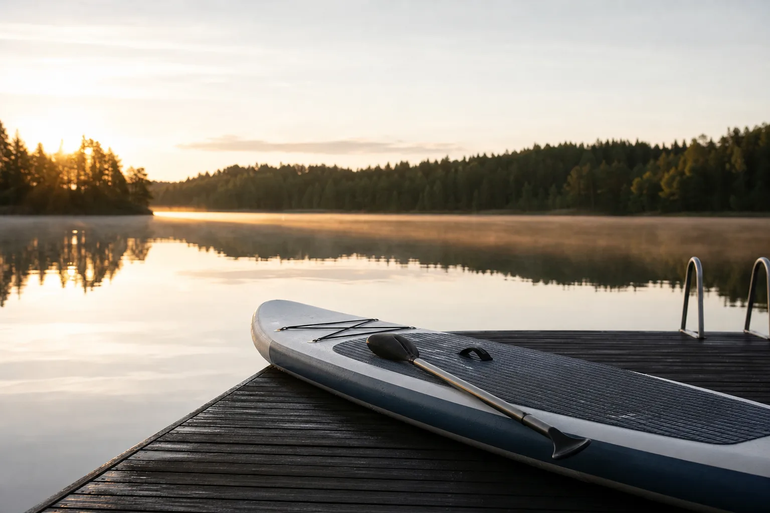 SUP-bräda på en brygga vid en stilla insjö i morgonljus