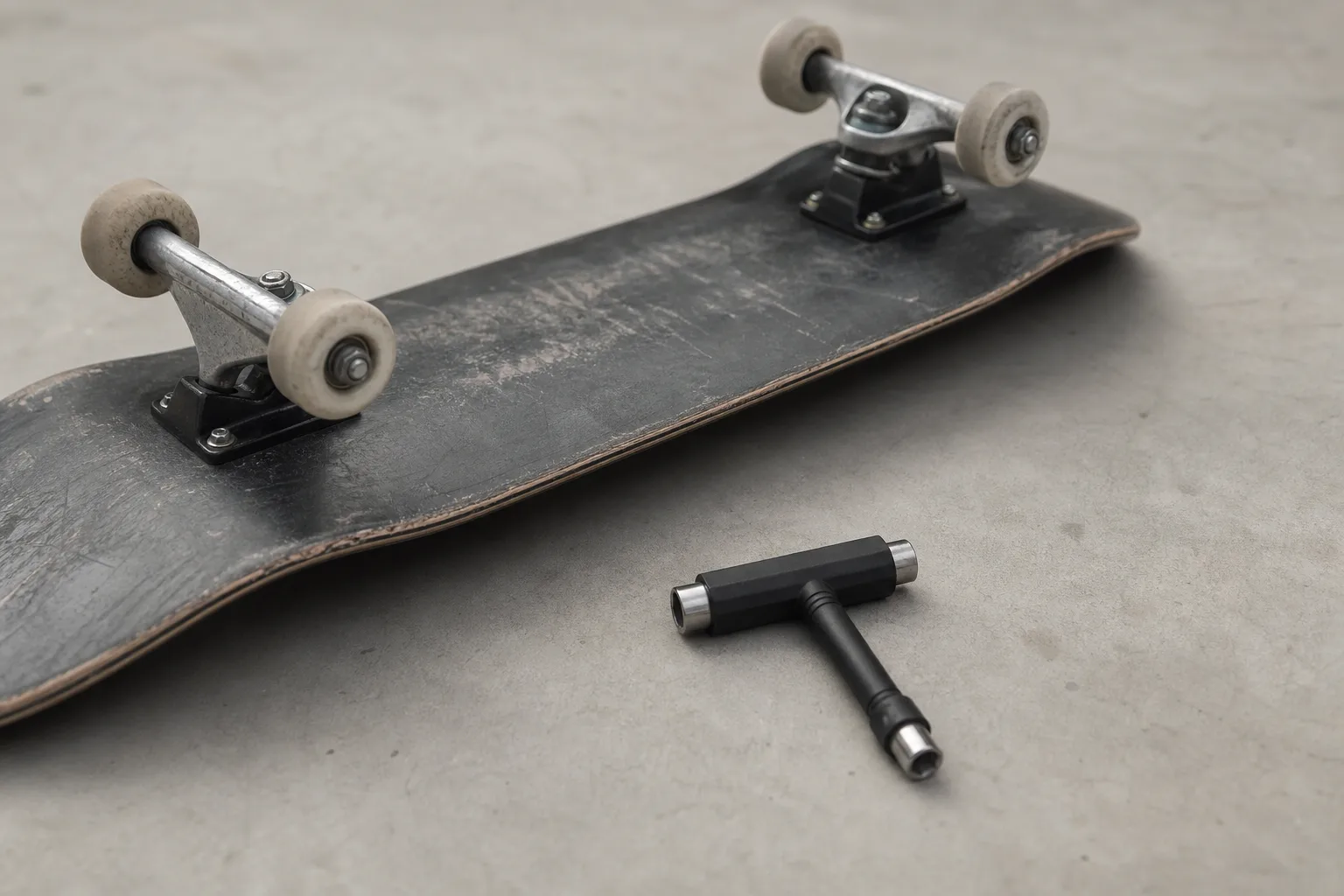 Skate-multiverktyg bredvid en upp-och-nervänd skateboard