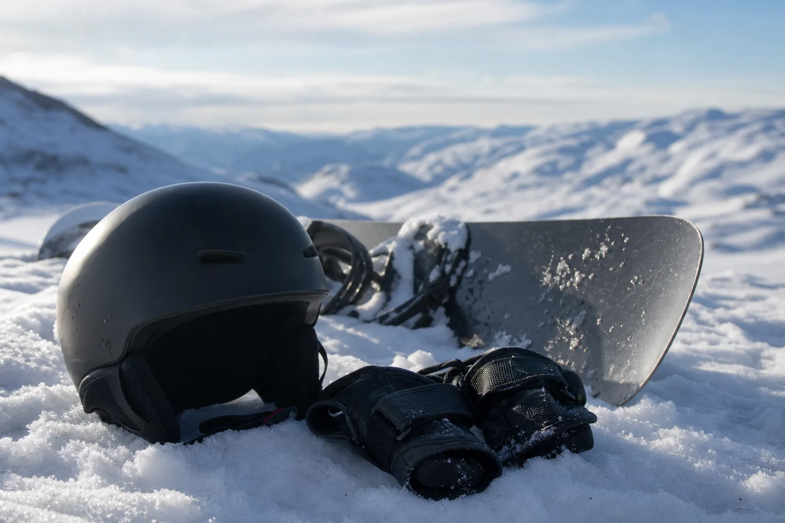 Snowboardhjälm och handledsskydd i snön bredvid en snowboard