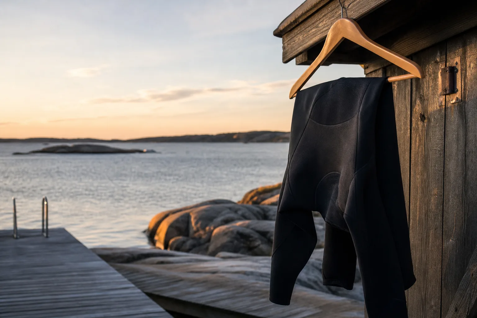 Våtdräkt som hänger för torkning vid en brygga i kvällsljus