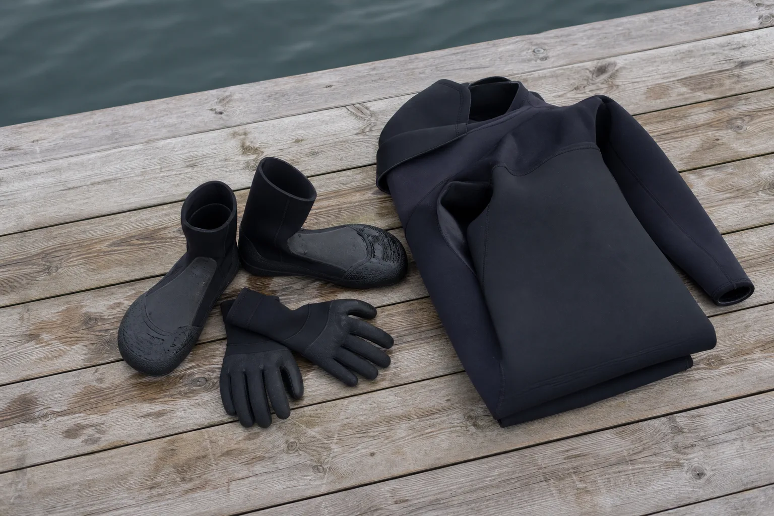 Neoprenboots och handskar utlagda bredvid en hopvikt våtdräkt